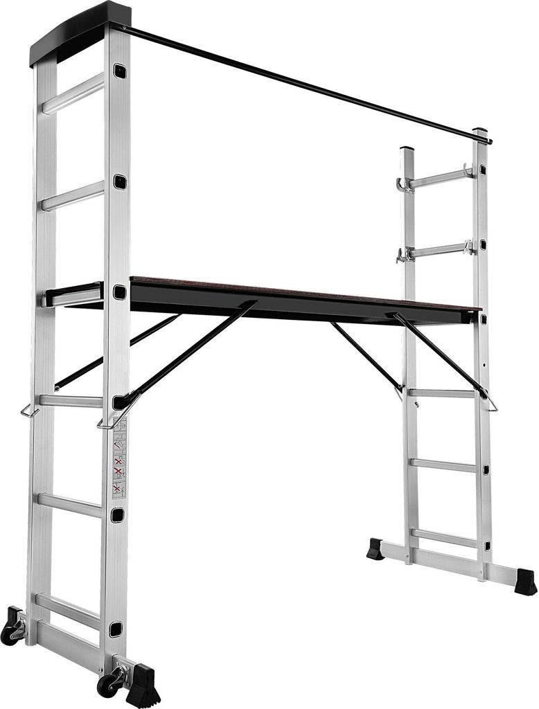 A silver multi-purpose scaffolding ladder with a wooden platform, shown against a white background.
