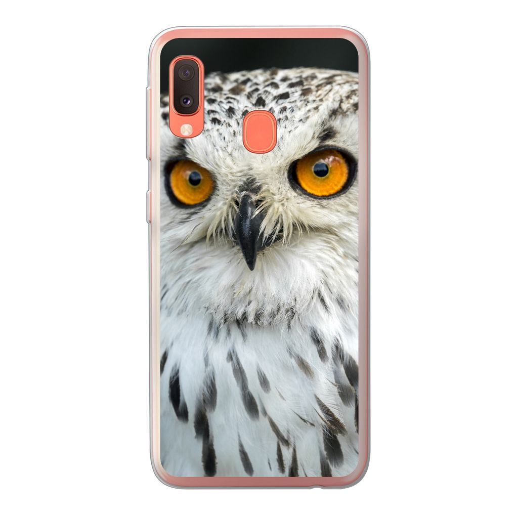 MuchoWow Handyhülle Schutzhülle Hülle für Samsung Galaxy A20e Eine braune Eule mit orangefarbenen Augen Silikon Softcase Handy Hülle - Abdec...