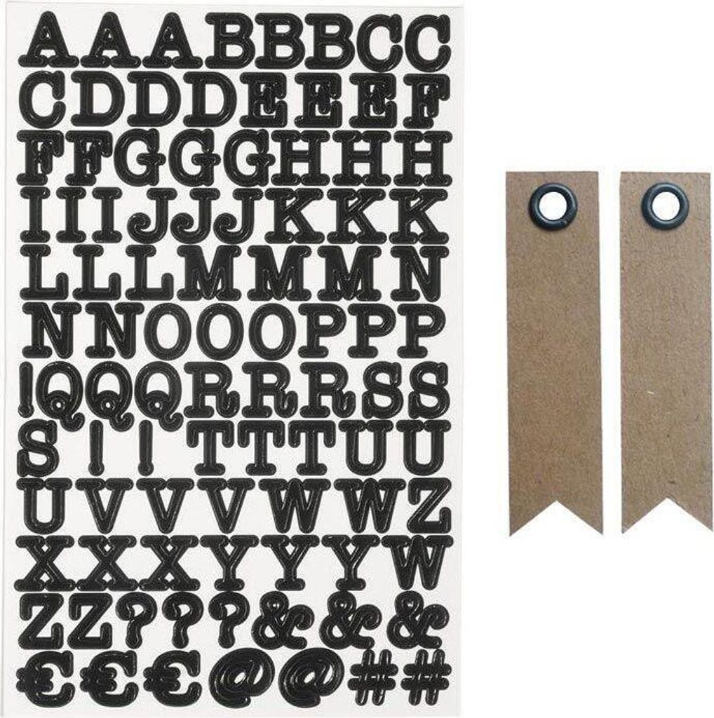 Aufkleber Alphabet und Zahlen - Schwarz + 20 Wimpel Kraft Etiketten
