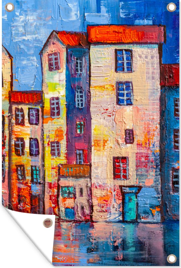MuchoWow 80x120 cm Outdoor-Poster Gartendeko Sichtschutz Garten Poster für den Garten Gemälde - Ölfarbe - Haus - Wasser