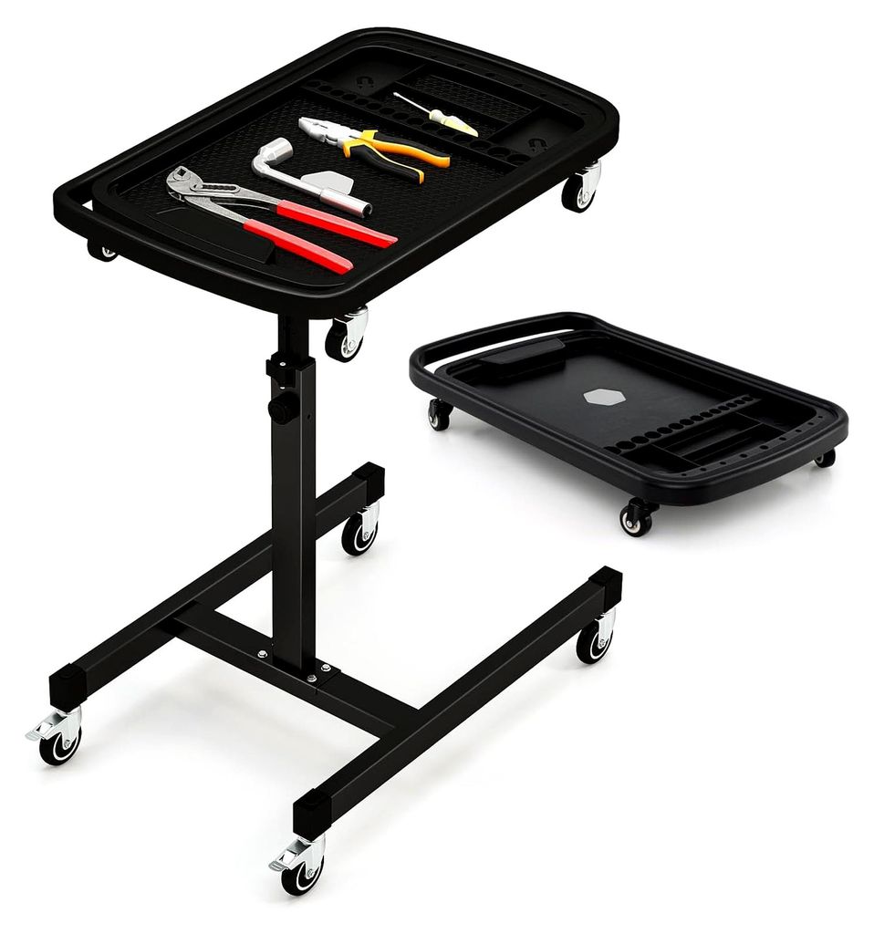 2 in 1 Arbeitstisch, mobile Werkbank mit Rollen, höhenverstellbar von 80 bis 123 cm, belastbar bis 60 kg, Werkstattwagen für Zuhause, Werkstatt, ...
