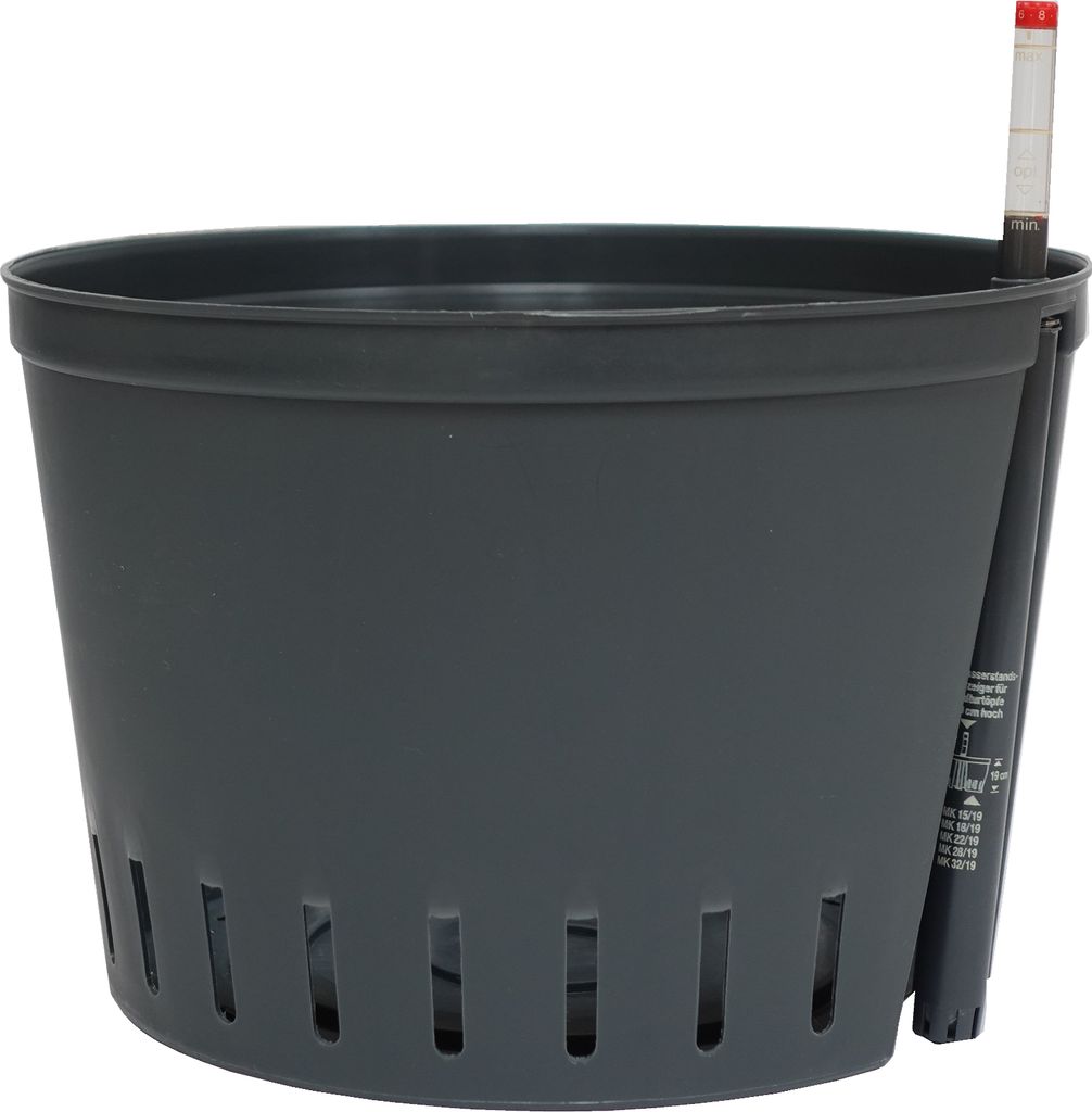 A dark gray self-watering planter pot with a water level indicator stick.