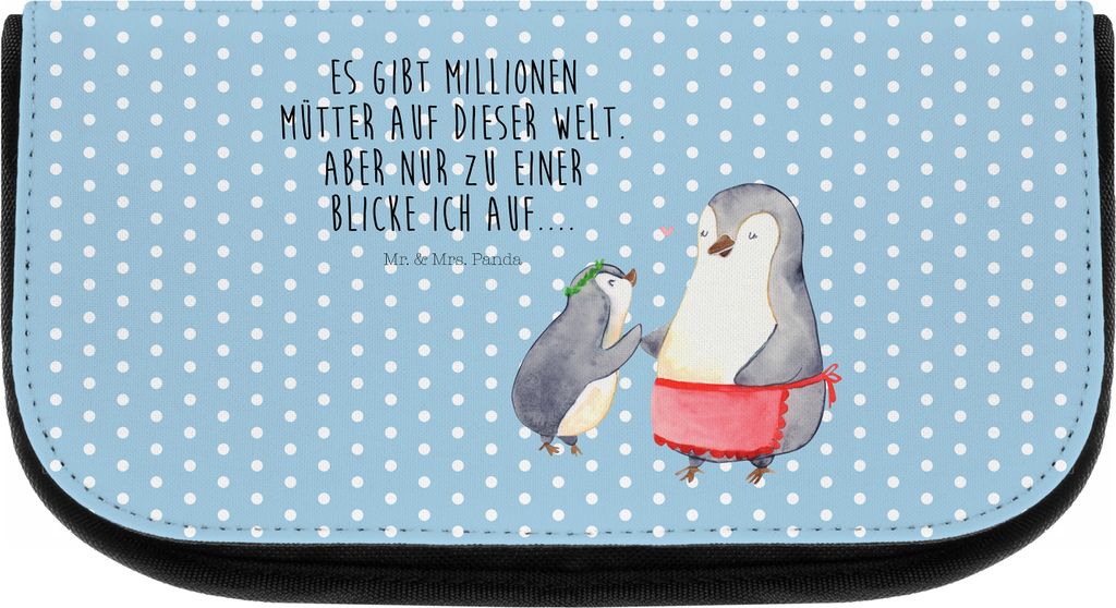 Mr. & Mrs. Panda Kosmetiktasche Pinguin mit Kind - Blau Pastell - Geschenk, Vatertag, schmink organizer, Kulturtasche, Mutti, Mutter, Muttertag, Vo...