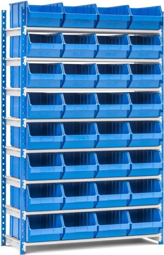 Fachbodenregal MAXIMUS mit 32x Sichtlagerboxen à 31,5L | Fachlast 152kg | Grundregal | HxBxT 200x125x50cm | 8 Ebenen | Lichtblau/Lichtgrau