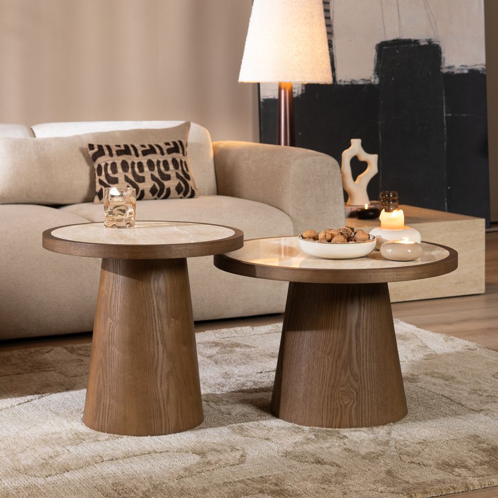 Bronx71 Couchtisch Set Mae Ø62 und Ø50 cm Eiche/Travetin Produktbild 