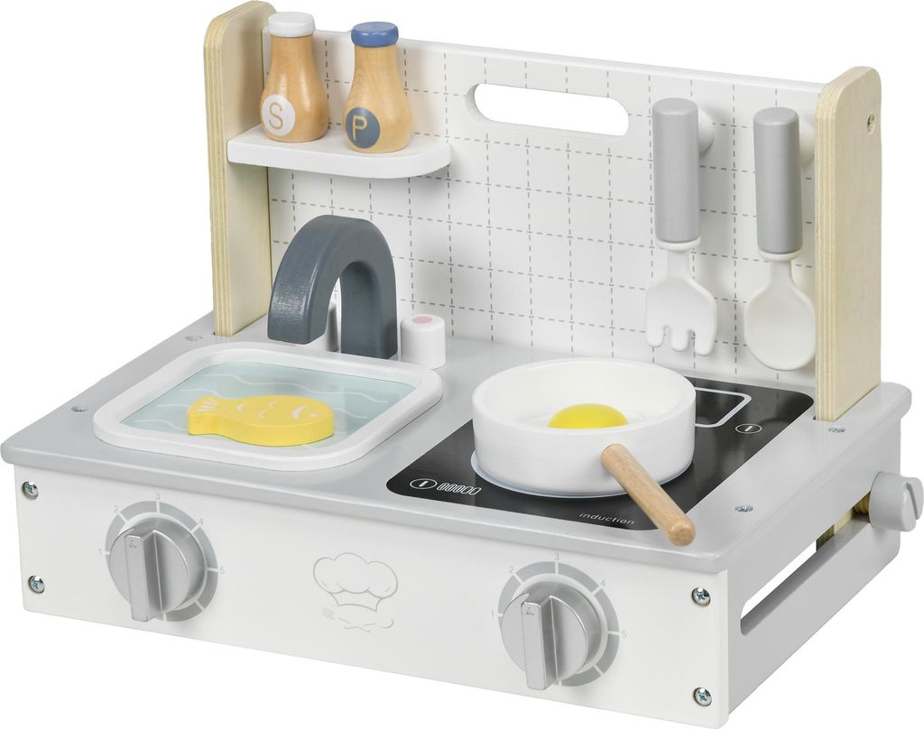 Kinderküchen-Set, 10-teilig, mit Gewürzflaschen, Topf, Ei, Fisch, 36x21,5x25 cm, Grau/Gelb