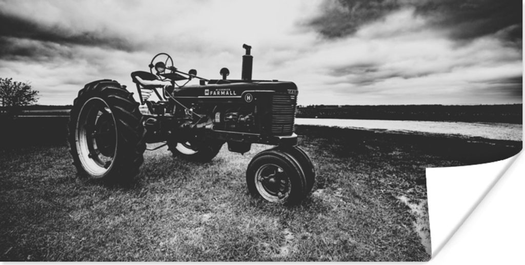 MuchoWow Poster Traktor - Schwarz - Weiß - Bauernhof - Vintage 80x40 cm - Wanddeko