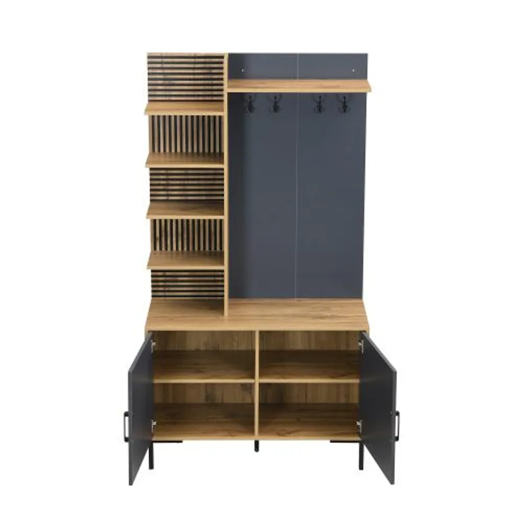 Meuble d'entrée noir et bois 100 cm AIORBER avec étagère à chaussures - 5
