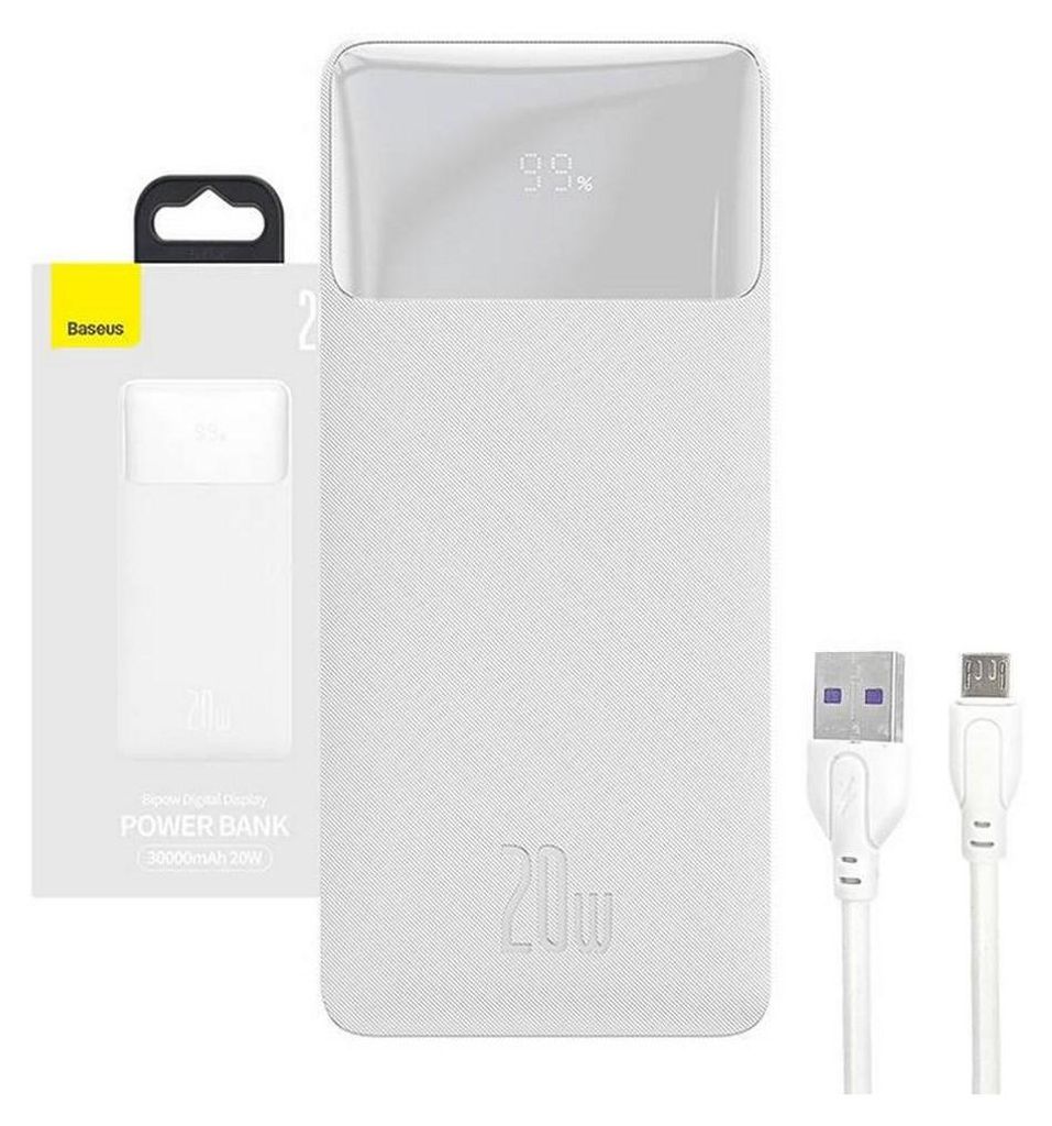 A white Baseus Bipow power bank and its packaging are shown, along with two white charging cables.