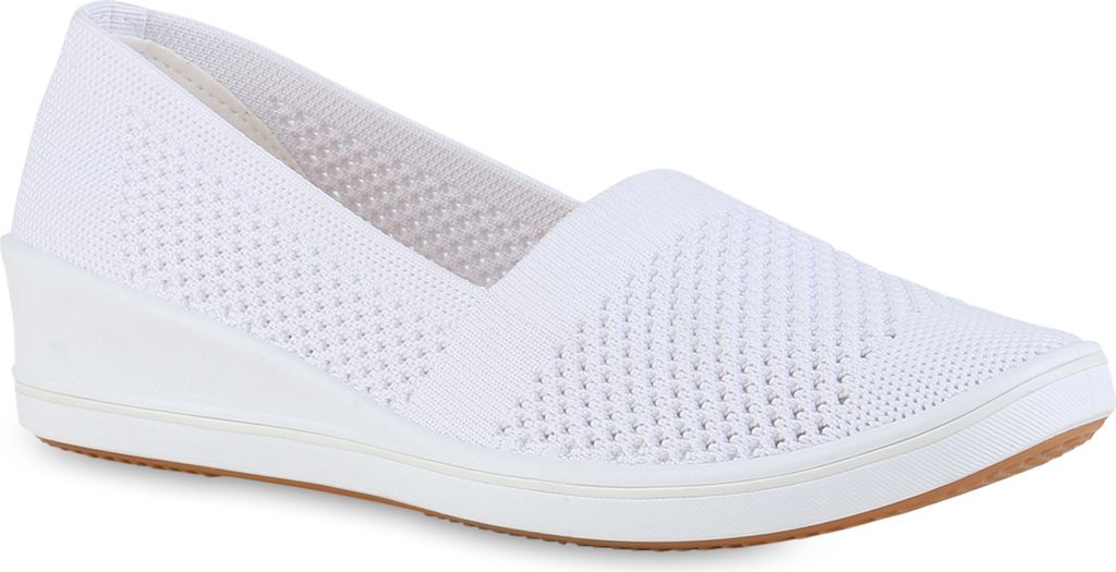 VAN HILL Damen Keilslipper Keilabsatz Bequem Strick Freizeit Slip On Schuhe 841597, Farbe: Weiß, Größe: 37