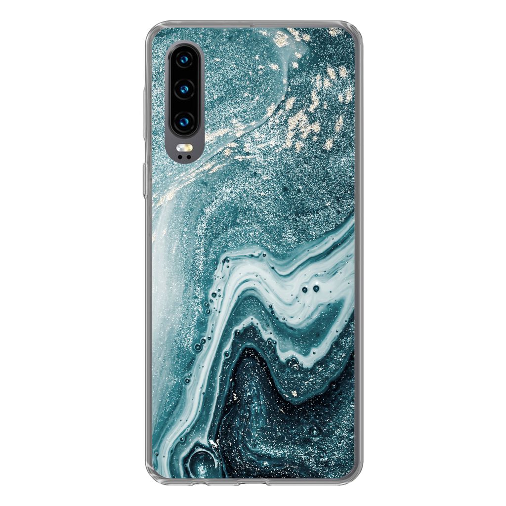 MuchoWow Handyhülle Schutzhülle Hülle für Huawei P30 Naturstein - Glitter - Muster Silikon Softcase Handy Hülle - Kartenbesitzer