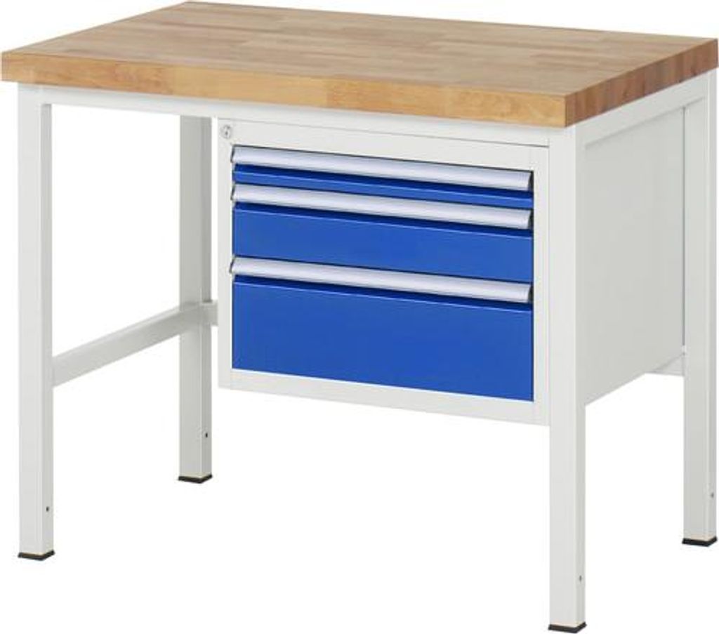 Werkbank mit 3 Schubladen - Teilauszug - 60:1 / 120:1 / 180:1 - höhenverstellbar 840-1.040 mm - 1.000 x 700 mm (BxT) - Traglast 1.250 kg - Buche