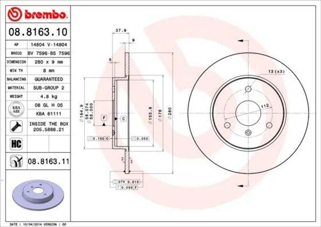 Disque de Frein Brembo 08.8163.11 de Remplacement pour Smart Fortwo 450