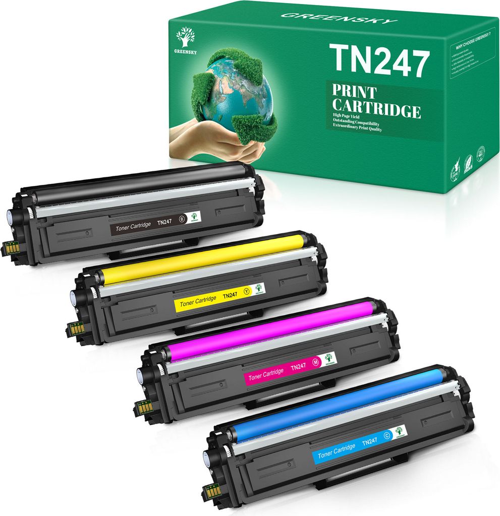 A product shot of four toner cartridges and their packaging.