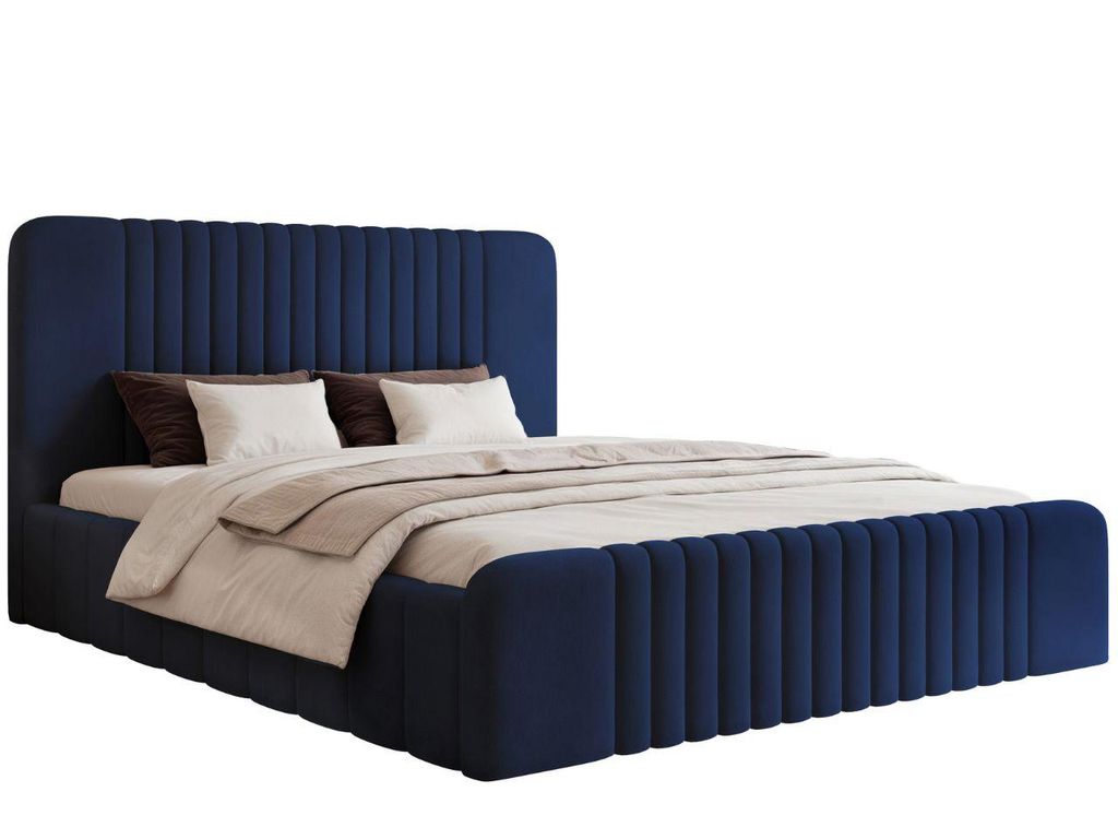 KLICKMOEBEL Polsterbett 140x200 mit Bettkasten in Dunkelblau HEKORA SLIM VII - Elegantes Bett mit Stauraum, samtigem Bezug und abgerundetem Design
