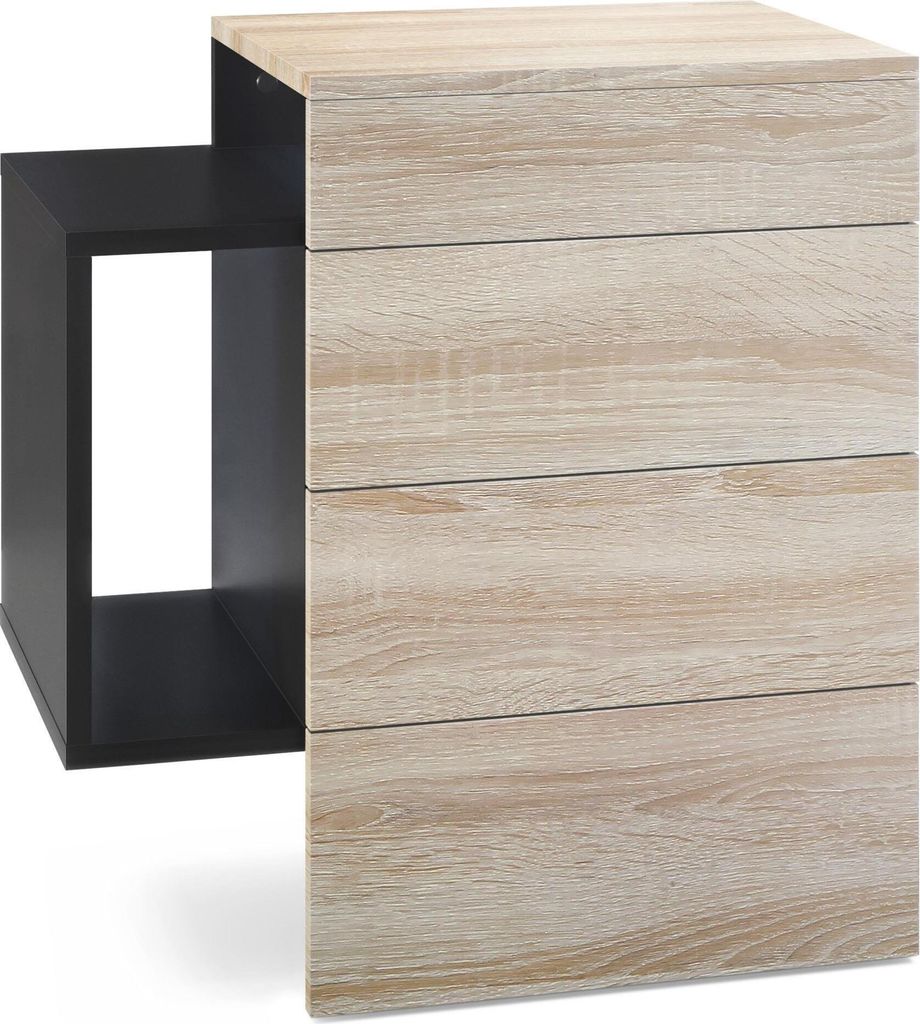 Vladon Nachttisch Queens, Germany, Nachttischschrank mit 2 Schubladen und 1 seitlichem Fach zur Wandmontage, Schwarz matt/Eiche Sägegrau (60 x 63 ...
