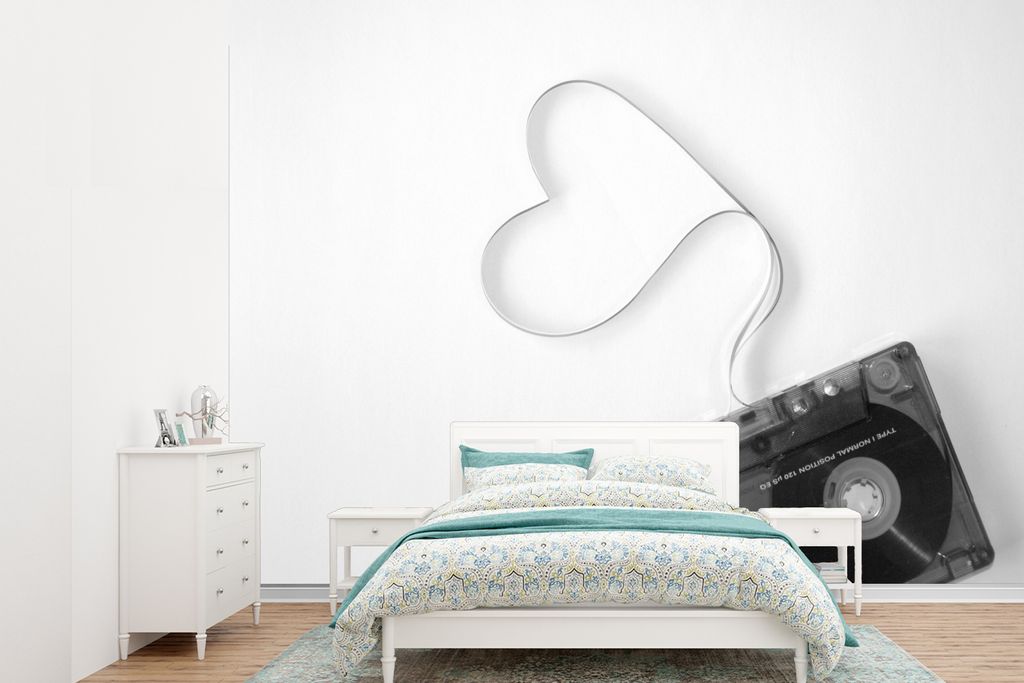MuchoWow Fototapete für Wohnzimmer oder Schlafzimmer Wandtapete Vinyl Motivtapete Kassettenband - Retro - Herz - 360x260 cm - Wohnzimmer tapete
