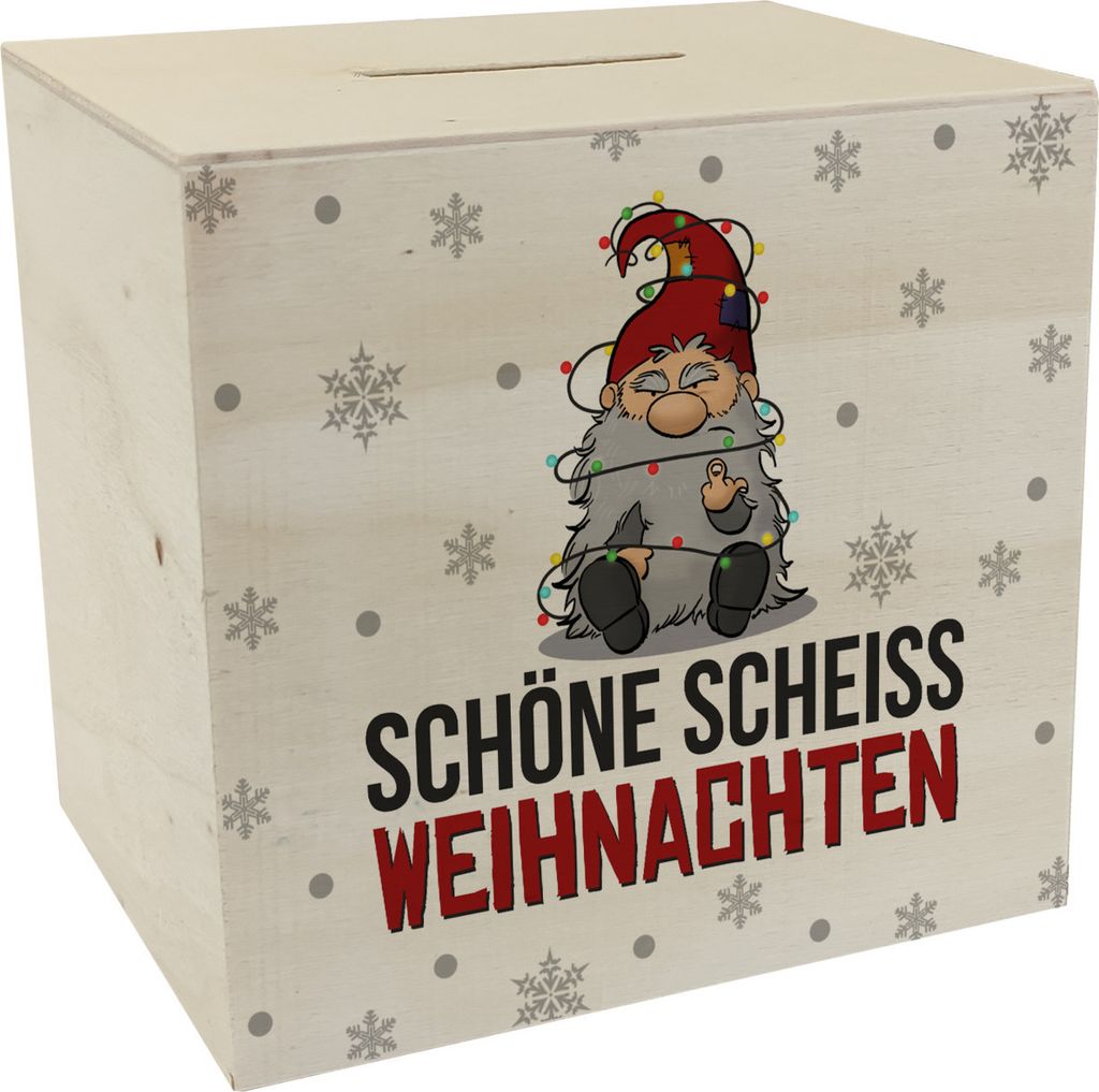 Grimmiger Wichtel Spardose aus Holz mit Spruch Schöne scheiß Weihnachten