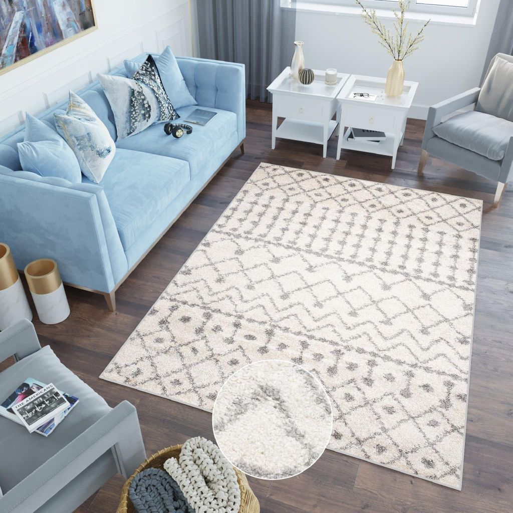 Teppich Wohnzimmer Schlafzimmer Modern Design Shaggy Hochflor Langflor Grau Creme 140 x 200 cm