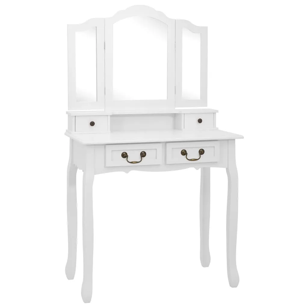 Rangement maquillage efficace avec cette coiffeuse en bois blanc et son siège