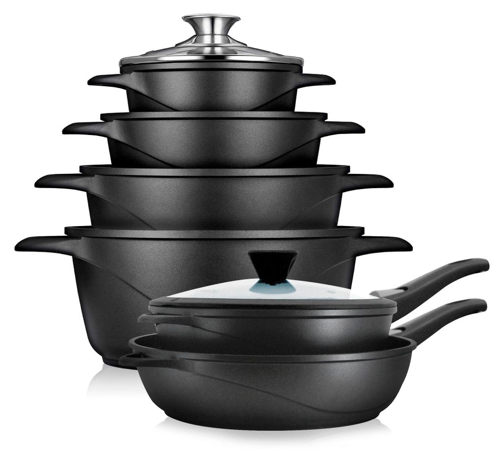 Briebe MGK1219 Kochtopf Set Induktions 12-Teilig Aluminiumguss 4 Kochtöpfen 2 Bratpfanne Schwarz