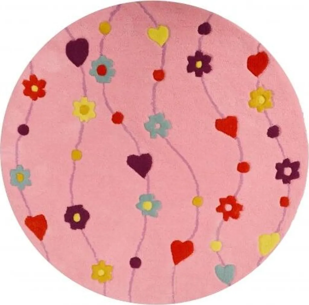 Tapis de chambre fille rond à motifs fleurs roses lavable diamètre 100cm