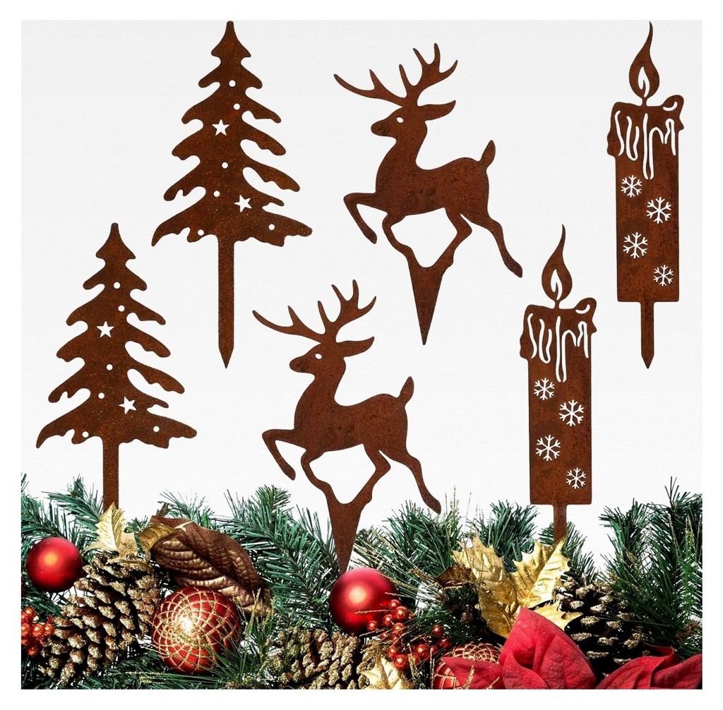 Gartenstecker Weihnachten, 6 Stück Rost Deko mit Hirsch, Tanne und Kerze für wetterfeste Weihnachtsdekoration im Garten und auf dem Balkon