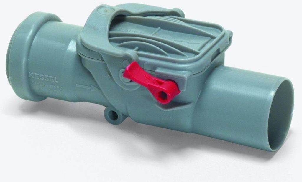 A gray plastic pipe fitting with a red lever.