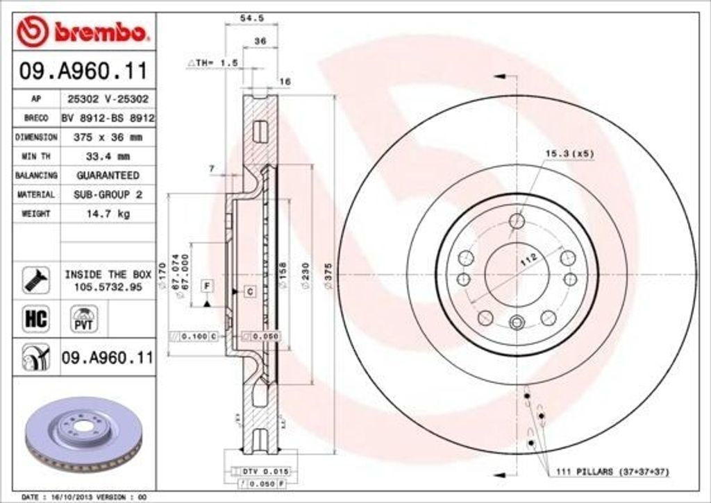 BREMBO 09.A960.11 - OE 1664210212 Bremsscheibe für M-Klasse (W166)