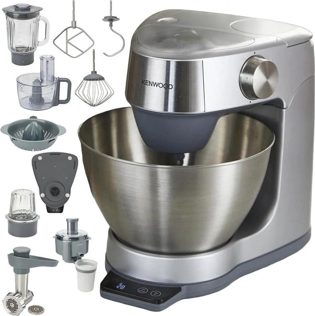 A collection of kitchen appliances and accessories, including a stand mixer, blender, food processor, and various attachments, arranged against a white background.