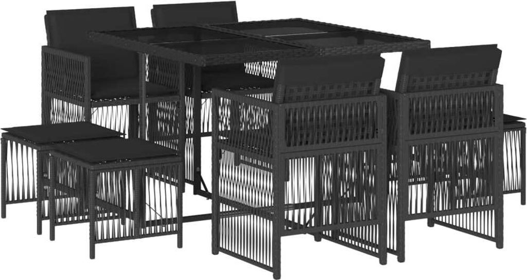 vidaXL 9-tlg. Garten-Essgruppe mit Kissen Schwarz Poly Rattan