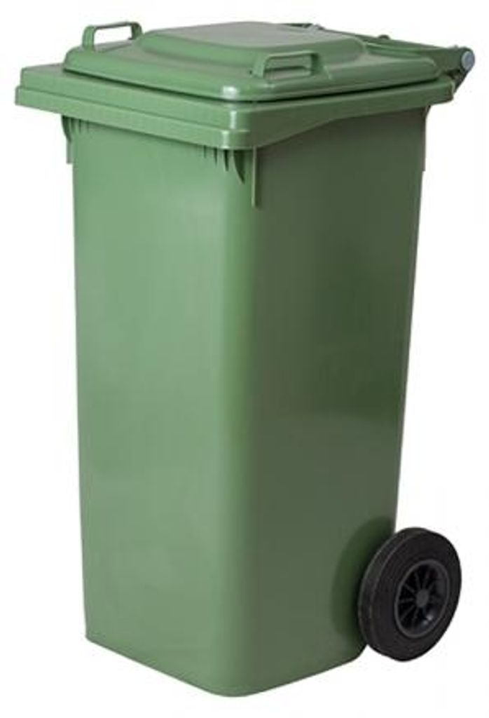 A green trash bin with wheels against a white background.