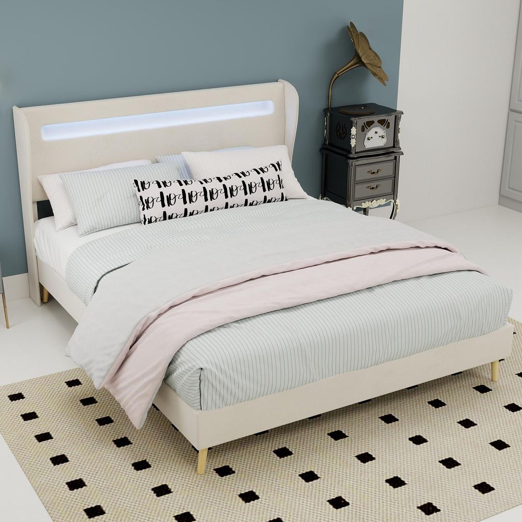 MODFU Doppelbett 140 x 200 Polsterbett mit LED-Kopfteil,Jugendbett Bettgestell mit verstellbare Rückenlehne und farbwechselnde Beleuchtung,ohne Ma...