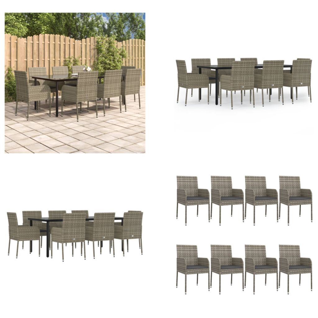 vidaXL 9 tlg. Garten Essgruppe mit Kissen Schwarz und Grau Poly Rattan - Garten Essgruppe - Garten Essgruppen - Essgruppe - Essgruppe Terrasse