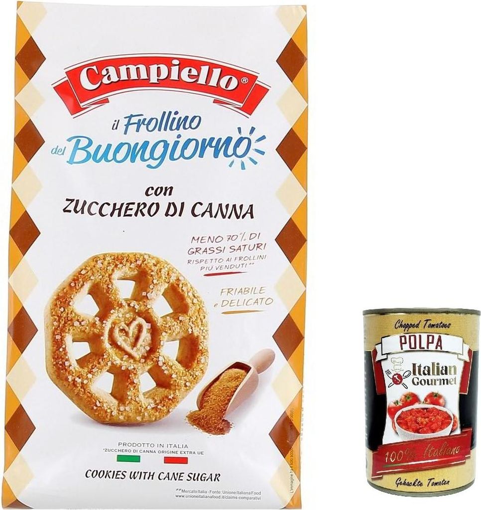 3x Campeillo, Il Frollino del Buongiorno con Zucchero di Canna, Kekse mit braunem Zucker, biscuits cookies 350g + Italian gourmet polpa 400g