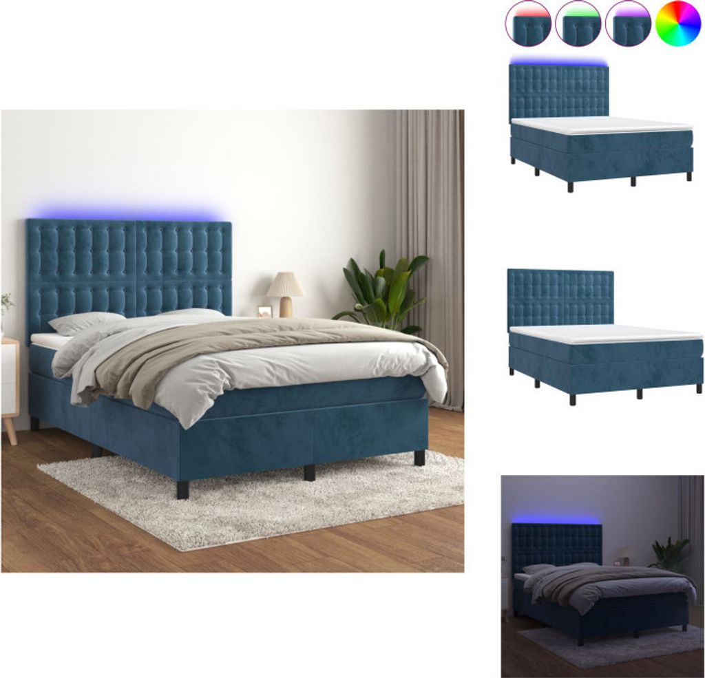 vidaXL Boxspringbett mit Matratze & LED Dunkelblau 140x200 cm Samt - Betten & Bettgestelle