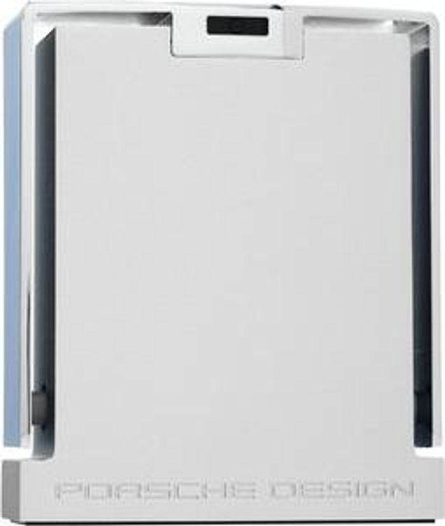 A white product with a black display screen on a white background.