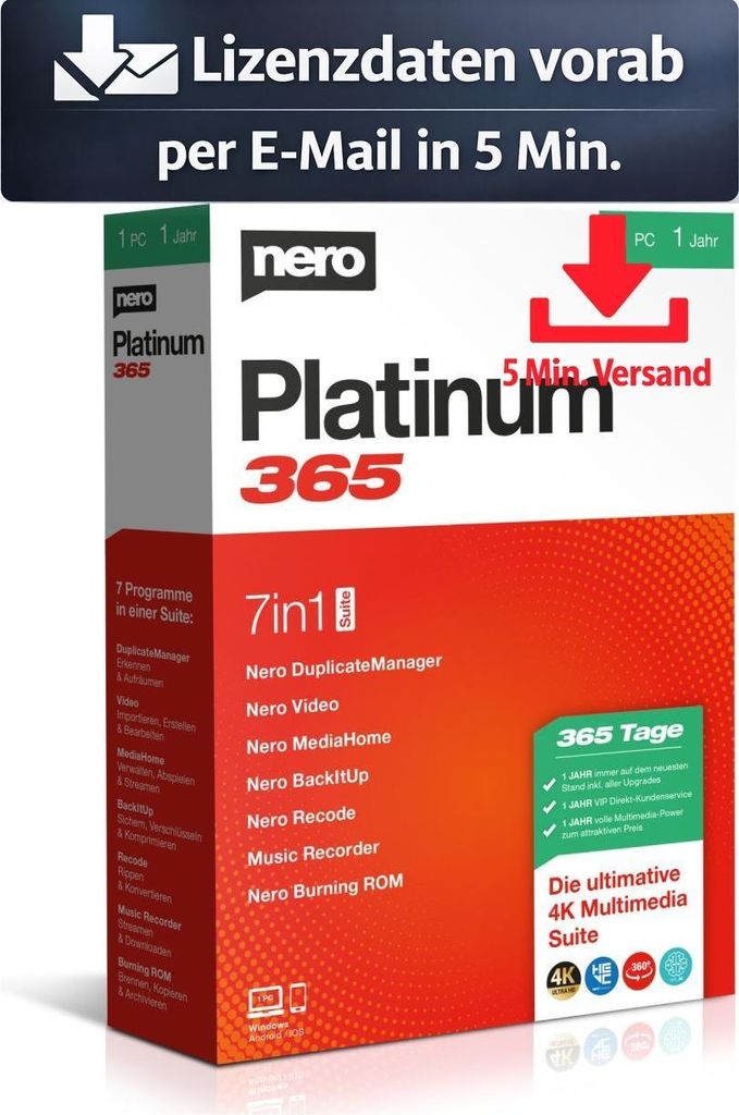 Nero Platinum 365 (1 PC - 1 Jahr) ESD Bild, Video Audio 5 Min. Versand als Download per Mail