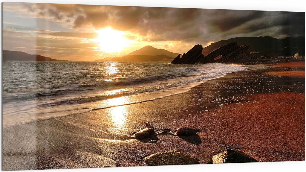 DEQORI Küchenrückwand Glas 100x50 cm 'Strand im Sonnenuntergang' Spritzschutz Bad Rückwand