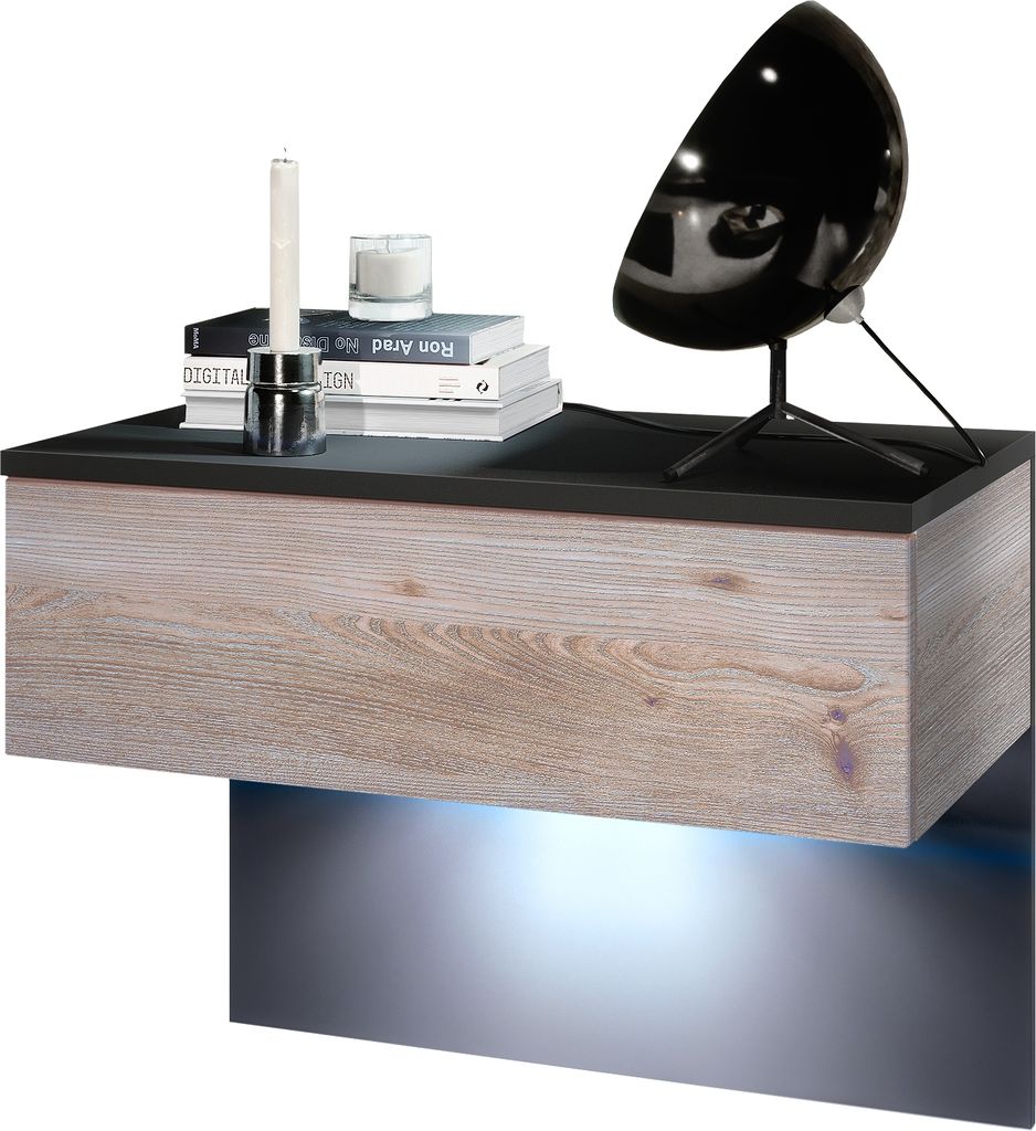 Vladon Nachttisch Sleep, Germany, Nachttischschrank mit Schublade zur Wandmontage, Schwarz matt/Eiche Nordic, inkl. LED-Beleuchtung (60 x 46 x 35 cm)