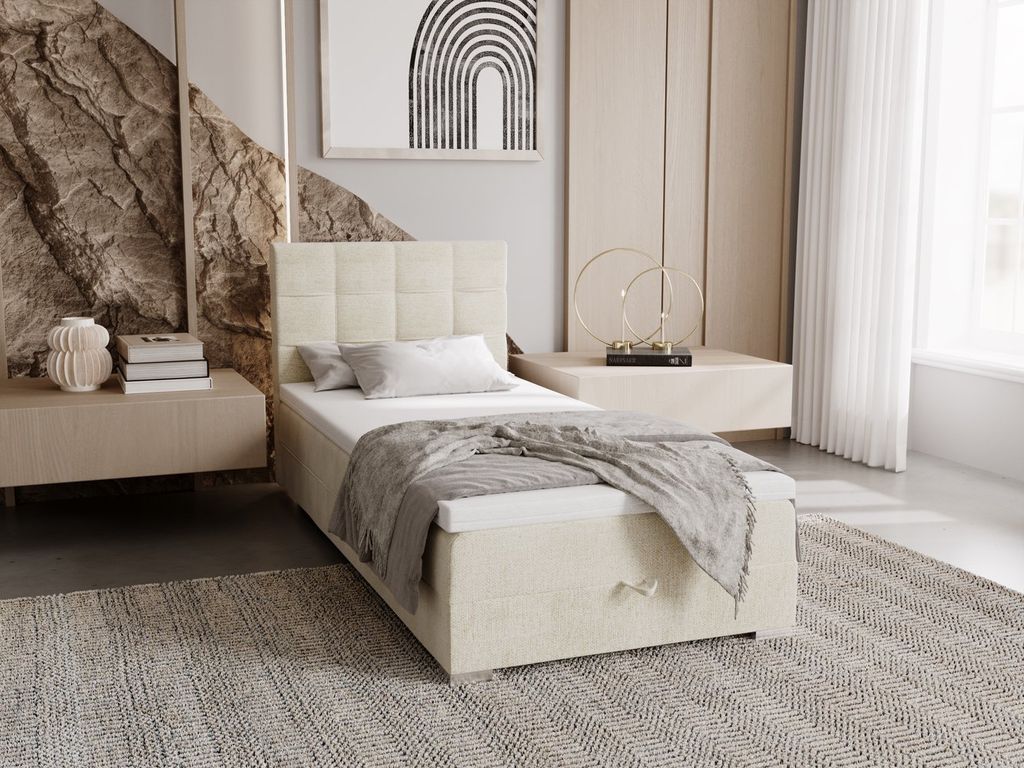 Polsterbett 90x200 ELSIE 1 mit Stauraum – hellbeige, linke Ausführung