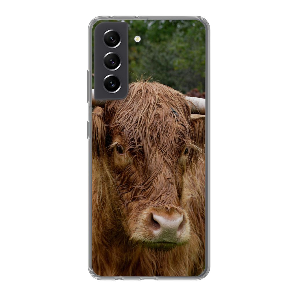 MuchoWow Handyhülle Schutzhülle Hülle für Samsung Galaxy S21 FE Schottische Highlander - Tiere - Gras Silikon Softcase Handy Hülle - Mobilte...