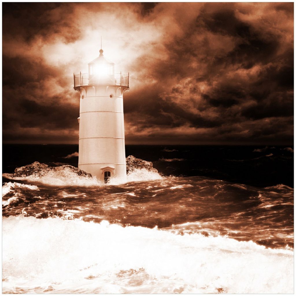 Wallario Memoboard Magnettafel aus Glas, Größe 50 x 50 cm, Motiv Abstrakter Leuchtturm im Wasser bei stürmischer See