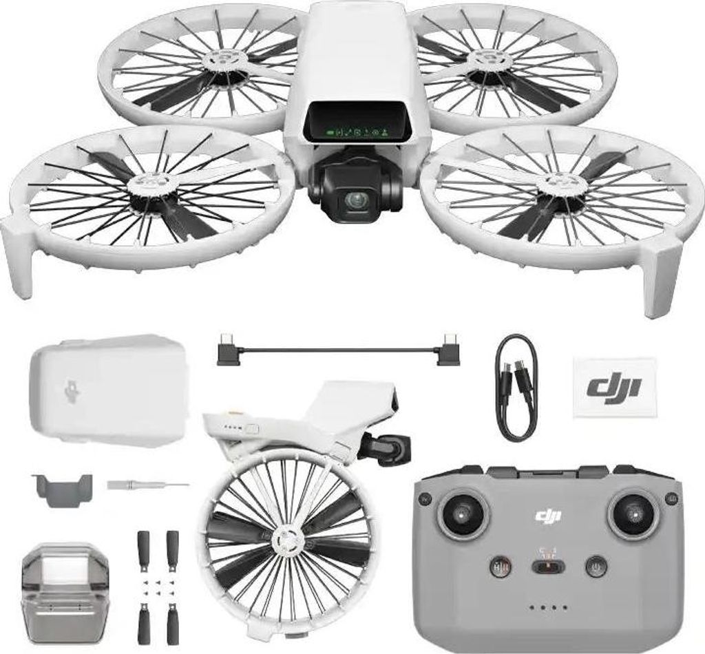A collection of drone components and accessories laid out on a white background.