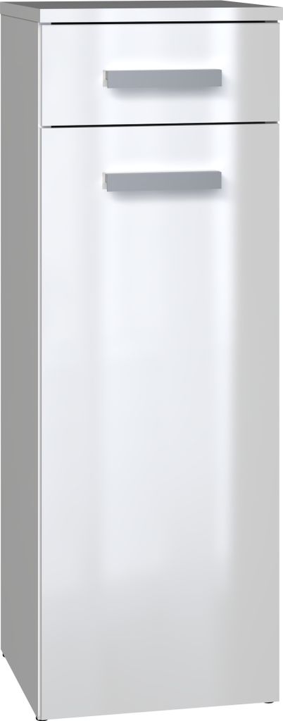 A white, high-gloss bathroom cabinet with two drawers and a door.