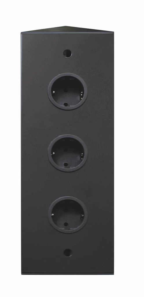 A black corner power strip with three sockets is shown against a white background.