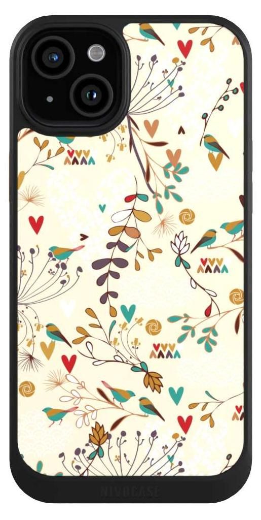 NIVOCASE Hülle für Apple iPhone 15 Plus Handyhülle NIVOcore Case Schwarz Blumen Retro Vogel