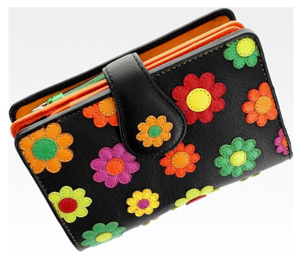Daisy-Kollektion Damen-Geldbörse aus Leder mit Laschenverschluss und RFID-Schutz, Schwarz