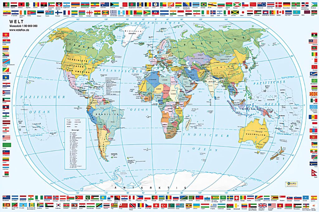 A world map with flags of various countries displayed around the border.