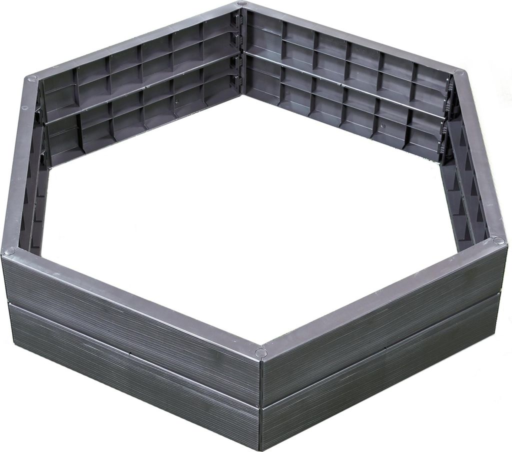 A hexagonal raised garden bed frame made of gray plastic.